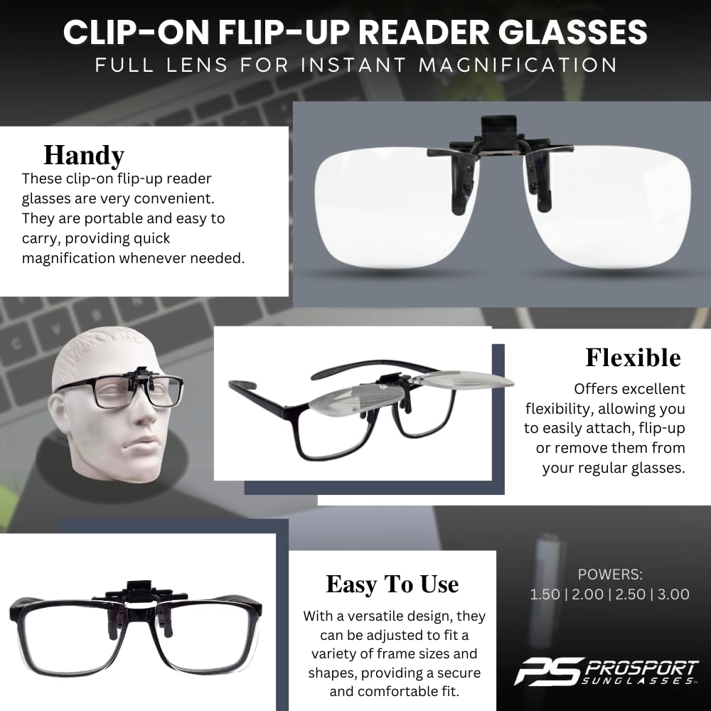 proSPORT 3 Pairs Clip-On Reading Glasses - Flip-Up Magnifying Lenses for Easy Use | Lightweight & Durable Clip-On Readers - Image 3