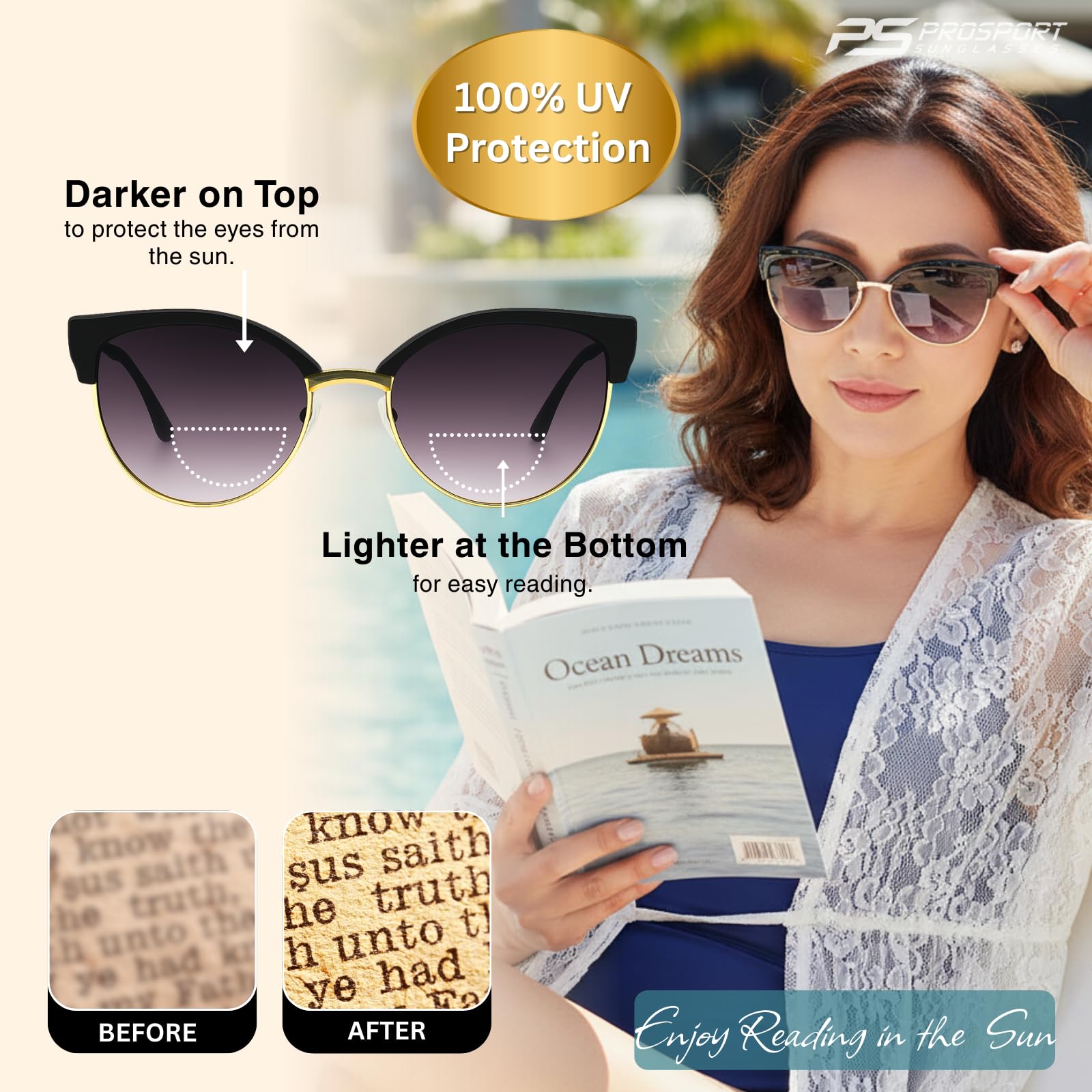 proSPORT Women’s Bifocal Reading Sunglasses – Cateye Frame, UV400 Protection, Gradient Lens, Lightweight Half Rim Readers - Image 3