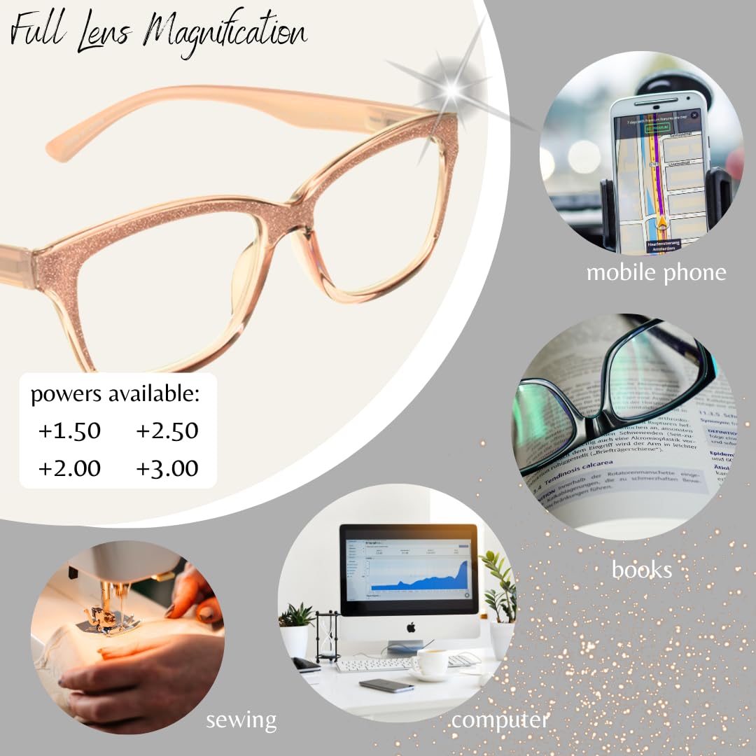 proSPORT Womens Reading Glasses Clear Full Lens, Glitter Sparkle Bling Rectangular Black White Yellow Pink Frame, Lightweight - Image 4